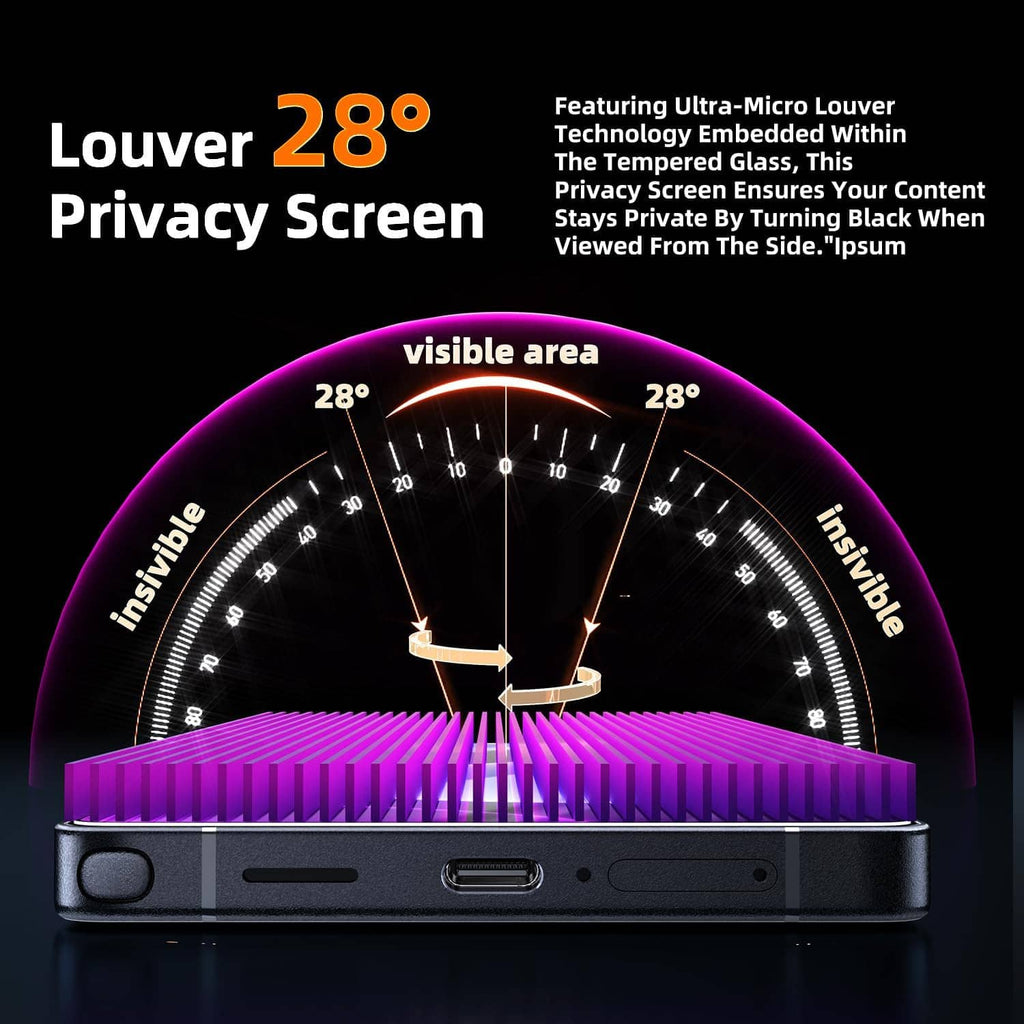 Privacy screen protector with purple louvers, 28° viewing angle, cutout for camera and speaker