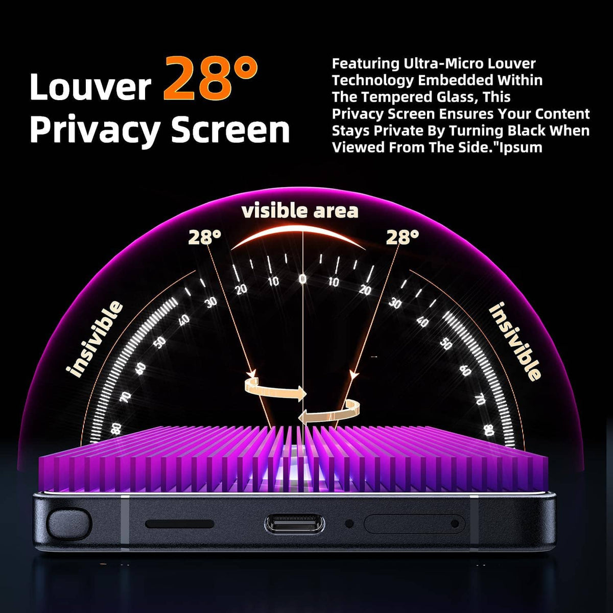 Privacy screen protector with purple louvers, 28° viewing angle, cutout for camera and speaker