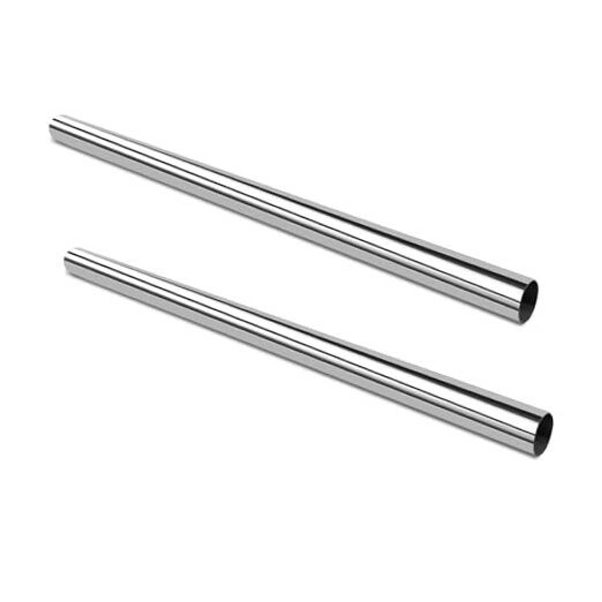 Polished stainless steel exhaust pipe tube, 2.5-inch OD, dark open end; two lengths