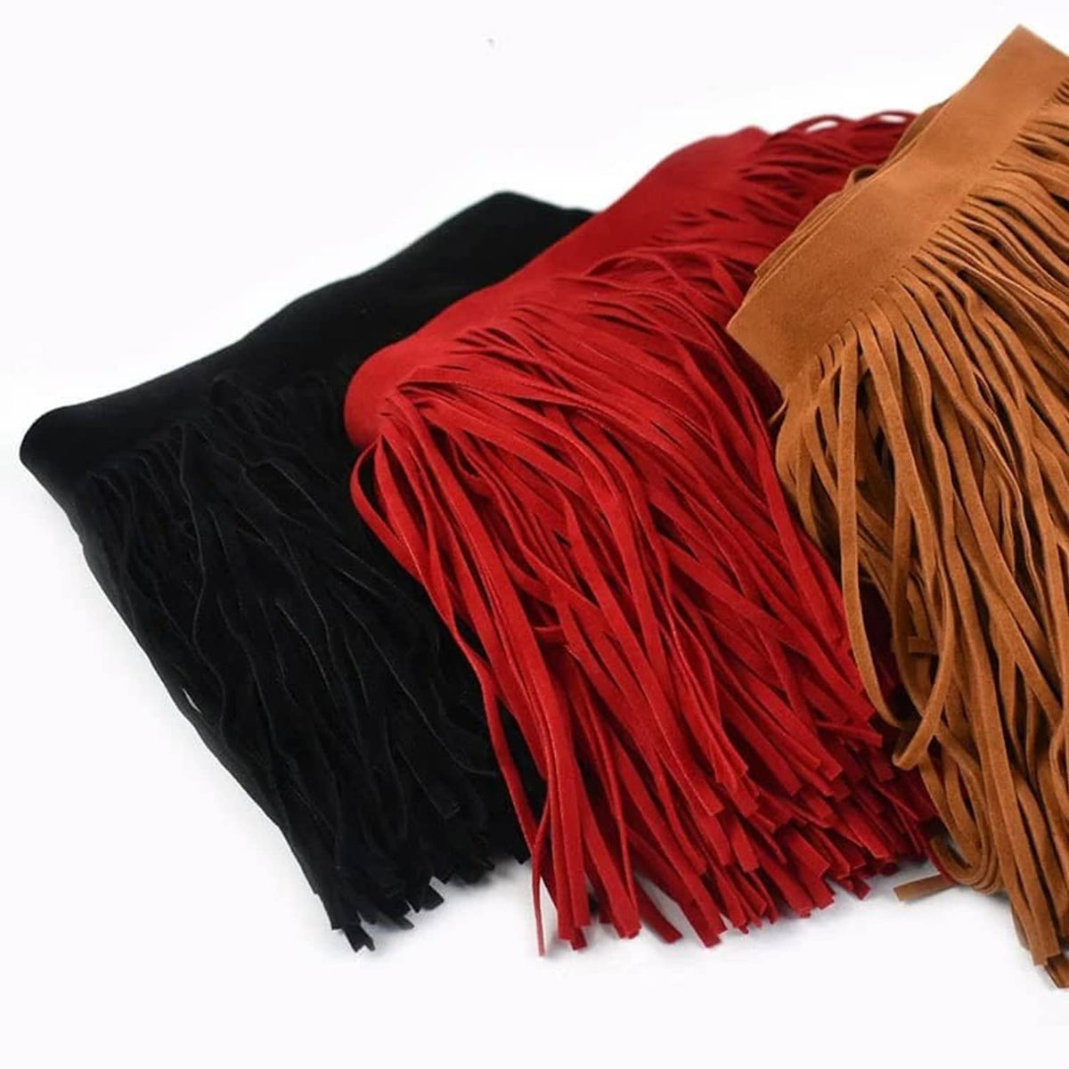 Red and black velvet fringe trim pieces with brown double-faced edging and long tassels