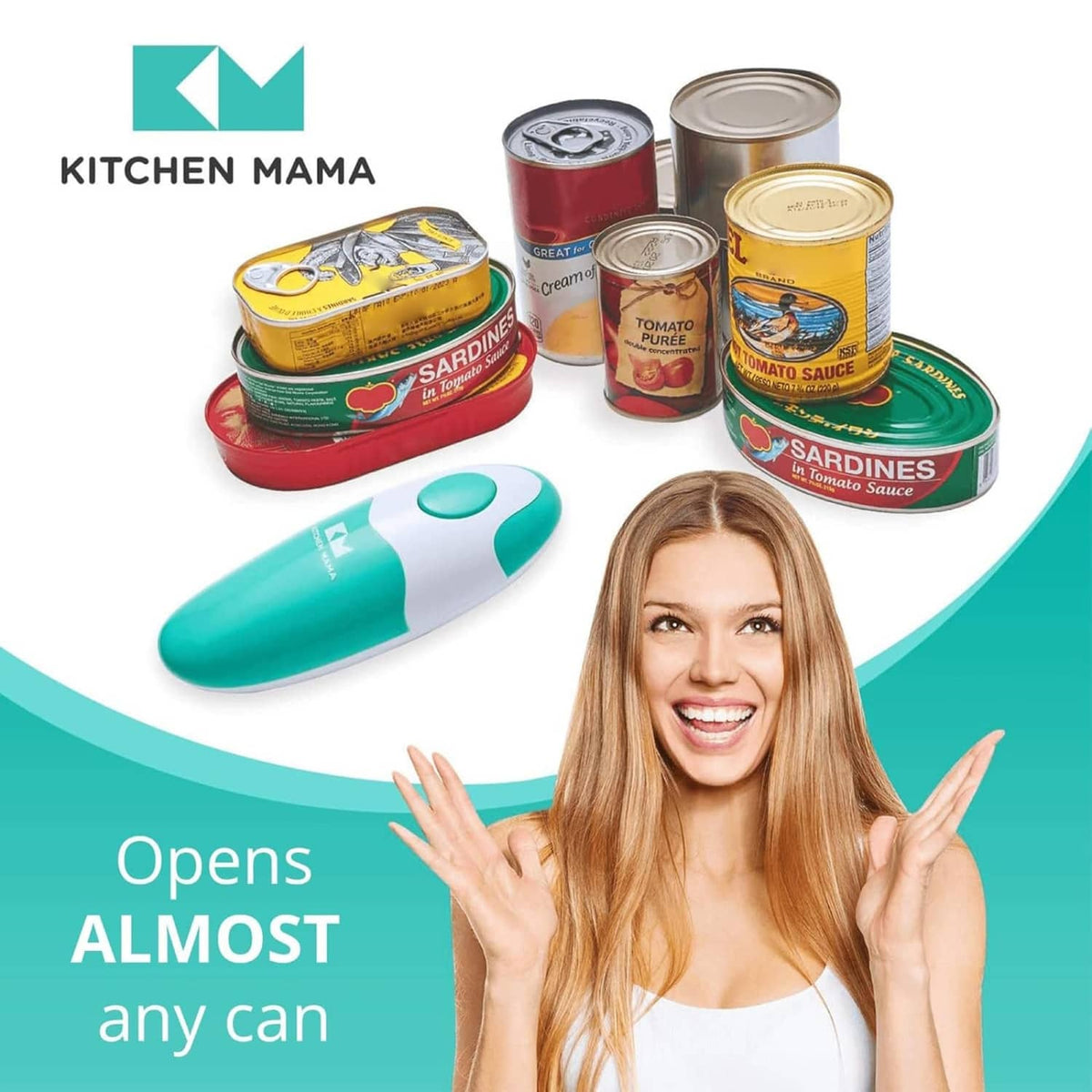 Teal electric can opener placed on a set of canned foods