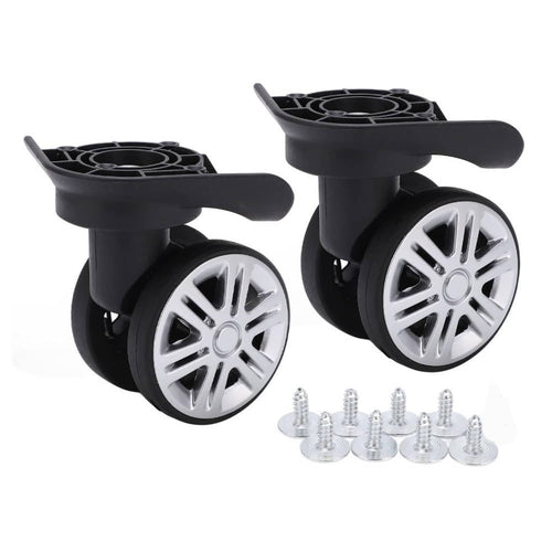 Pair of black luggage suitcase wheels with silver spokes and included mounting screws