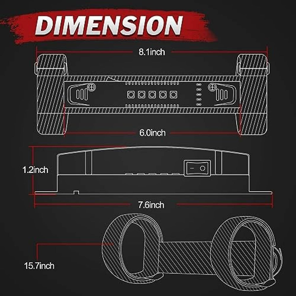 LED light bar dimension diagram with labeled inches: 8.1, 7.6, 6.0, 1.2, 15.7