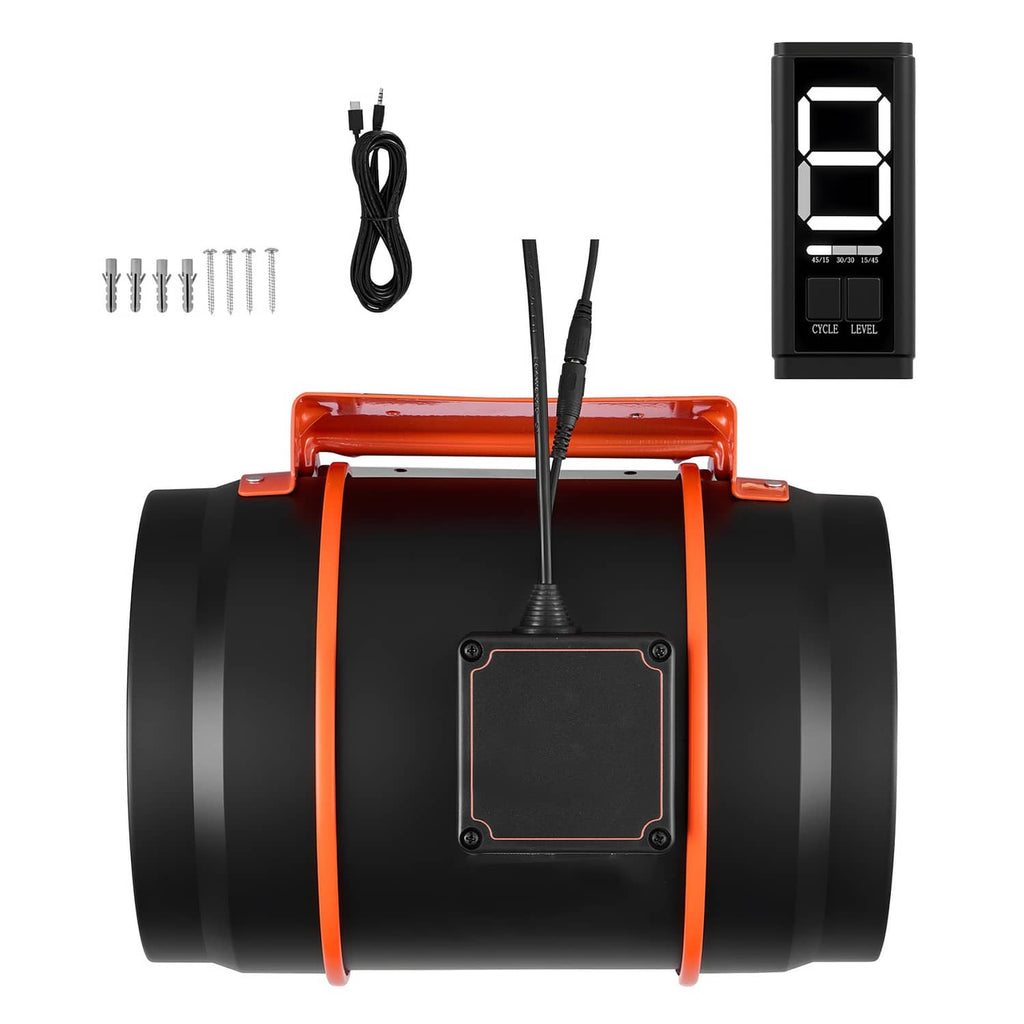 Orange and black inline duct fan with digital speed controller and power cords