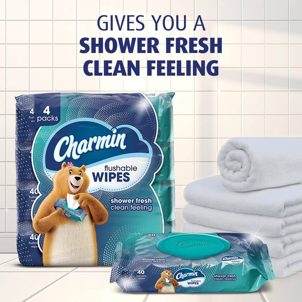 Charmin flushable wipes box and pack with towels, teal and blue packaging