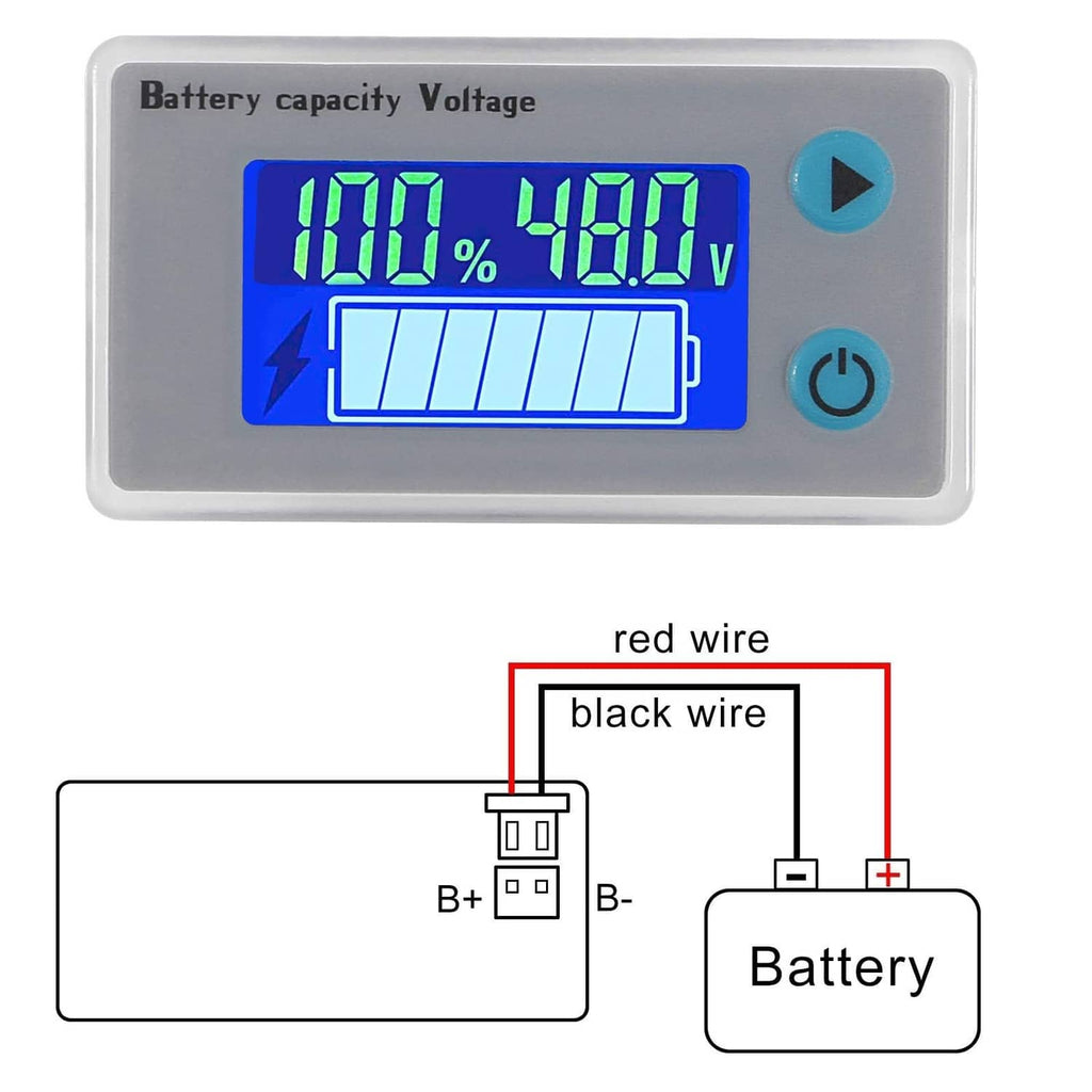 LCD battery monitor with blue display and labeled red and black wire leads