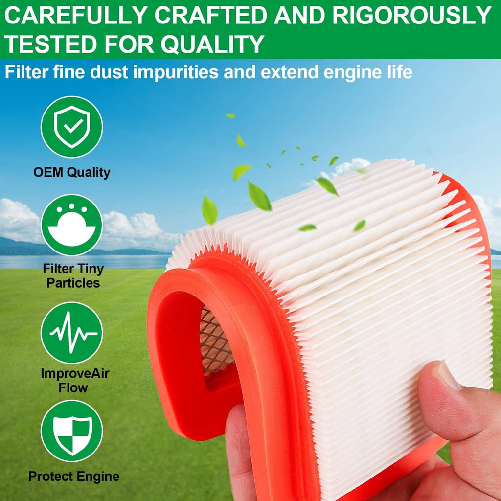 Hand-held air filter with red housing and white pleated paper media