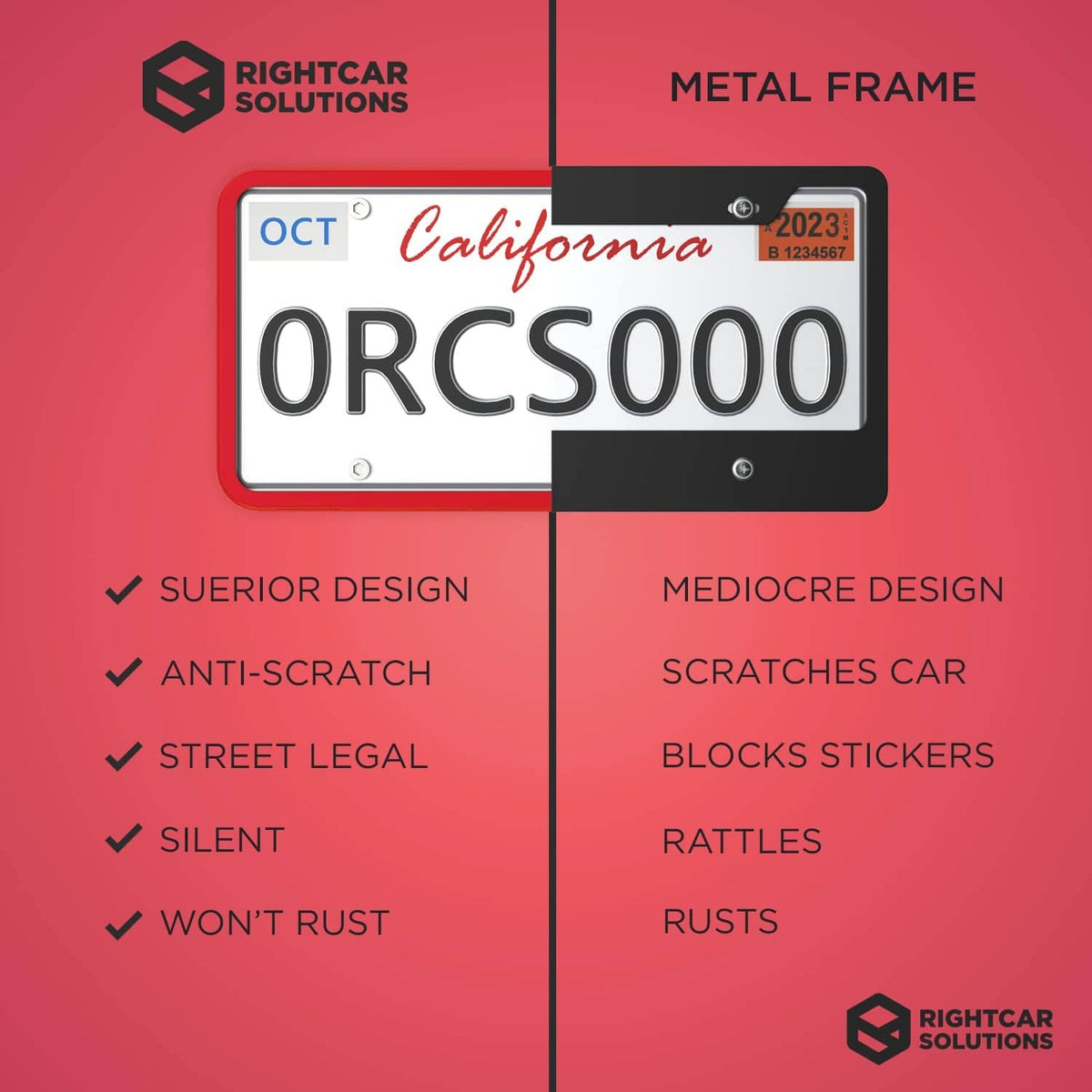 Red license plate frame with mounting system and anti-scratch design layout