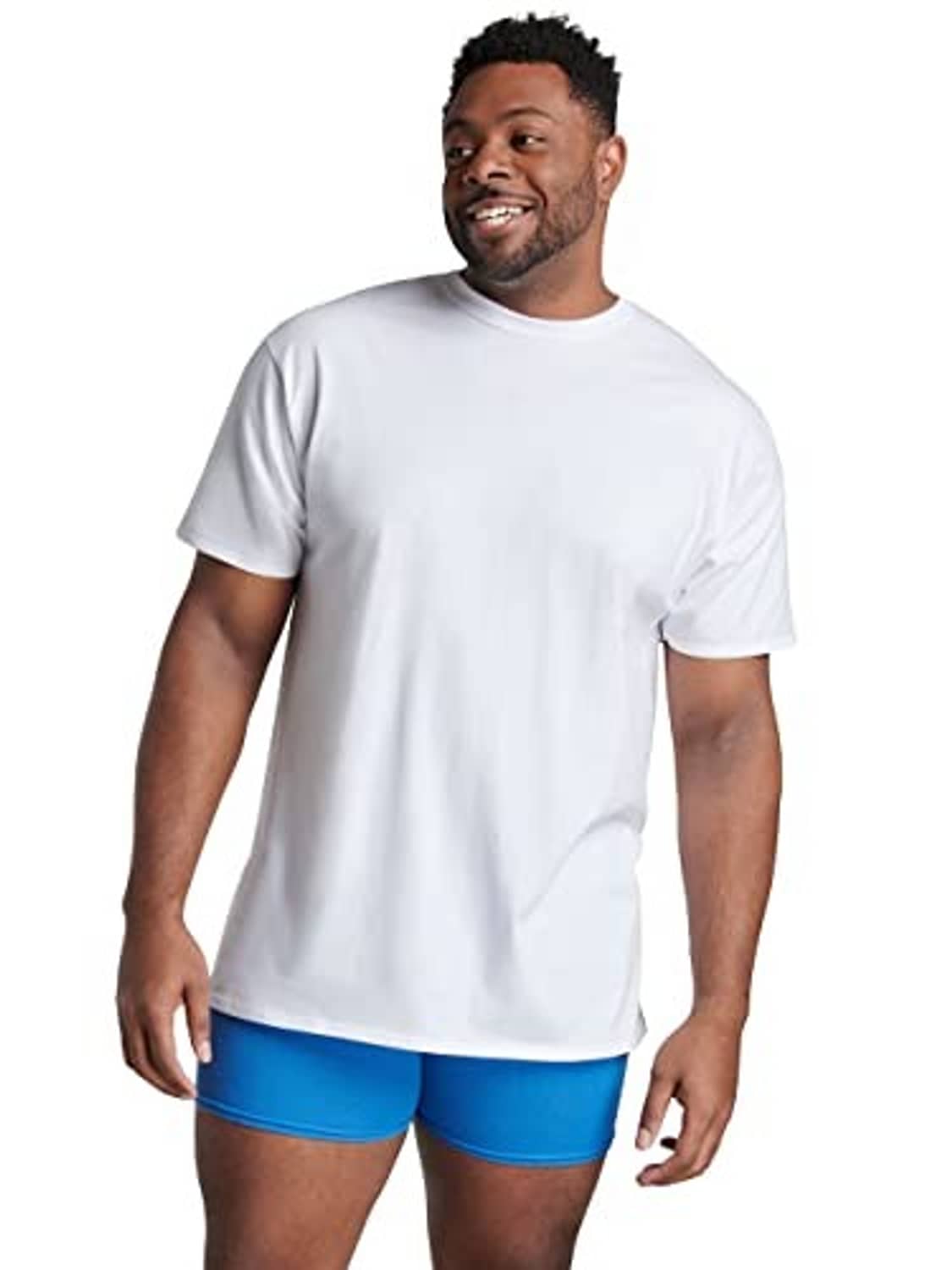 Men's white crew-neck cotton T-shirt on-body, short sleeves
