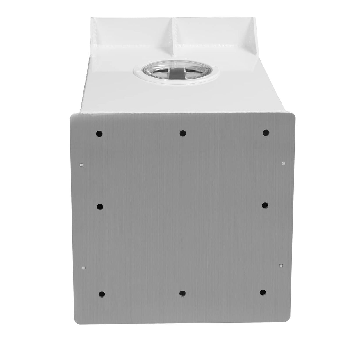 White outboard engine bracket rear plate with multiple mounting holes and top opening.