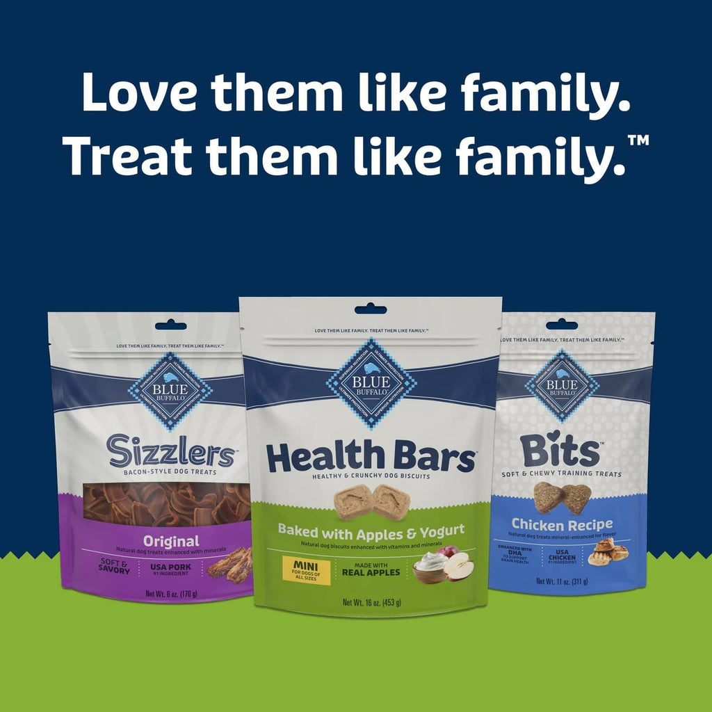 Three Blue Buffalo treat bags lineup, including Health Bars, Sizzlers, and Bits