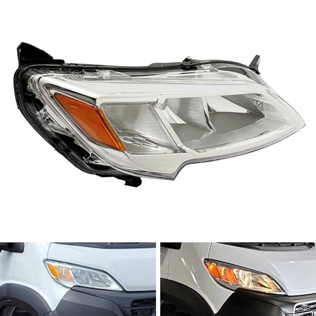Right halogen headlight with clear reflector lens and amber turn-signal section, black trim