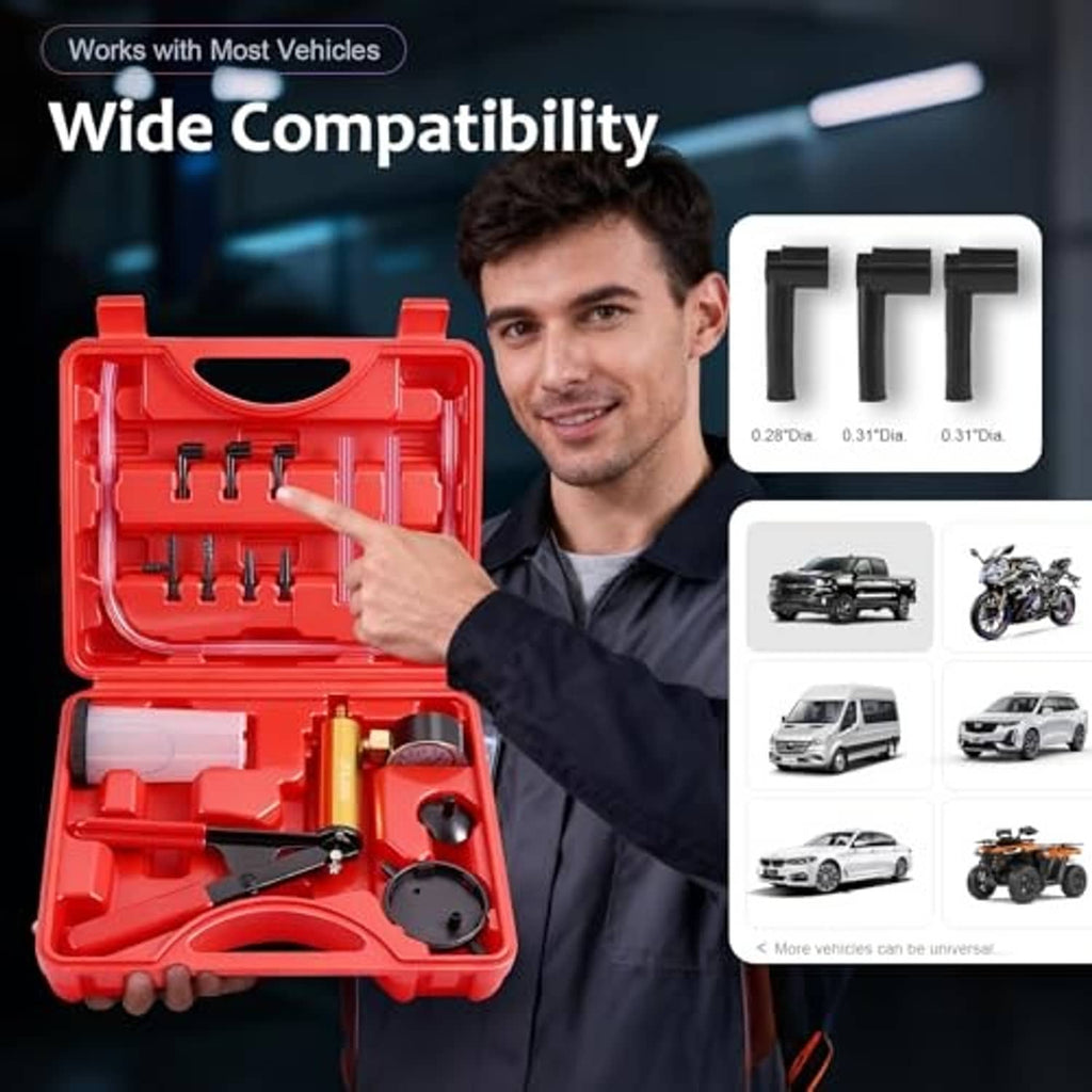 Red handheld brake bleeder kit in open case with multiple hose adapters