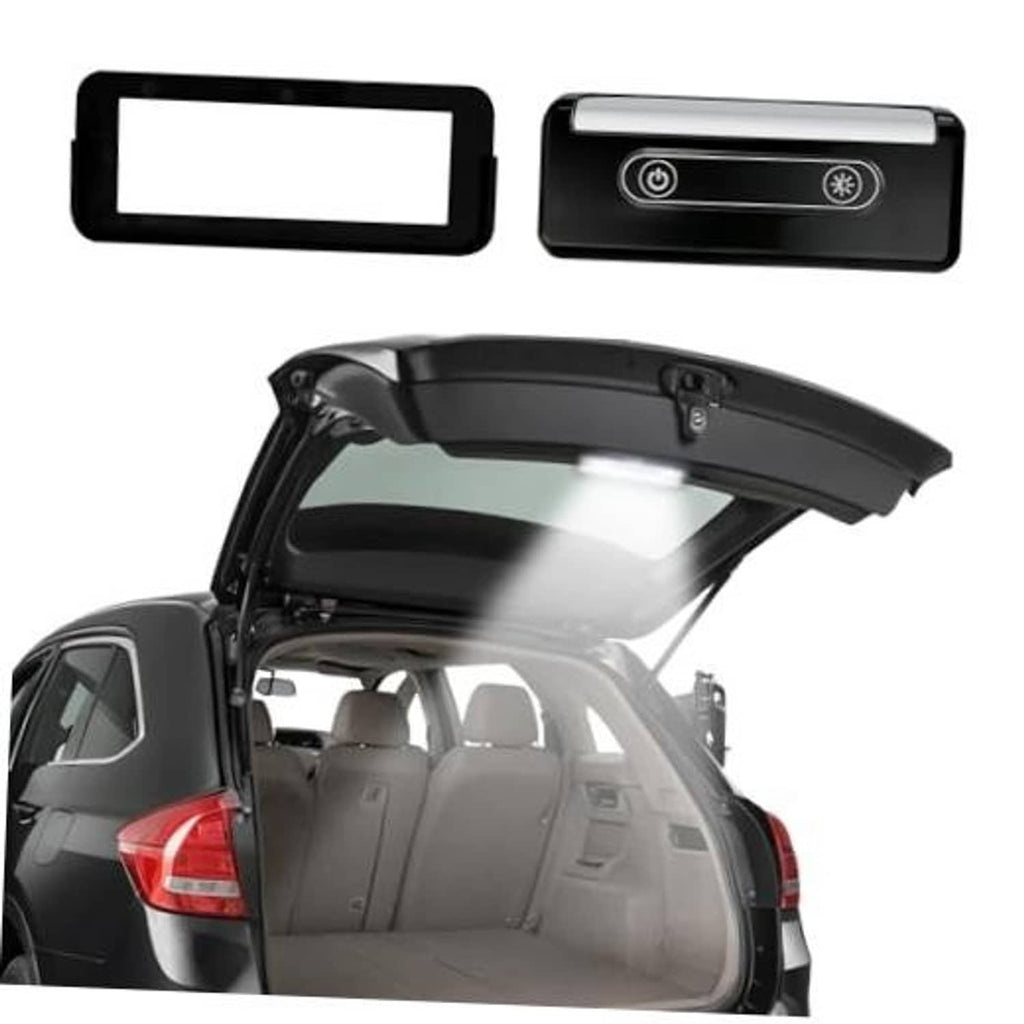 Rechargeable LED car trunk light installed in open cargo area, emitting bright white light