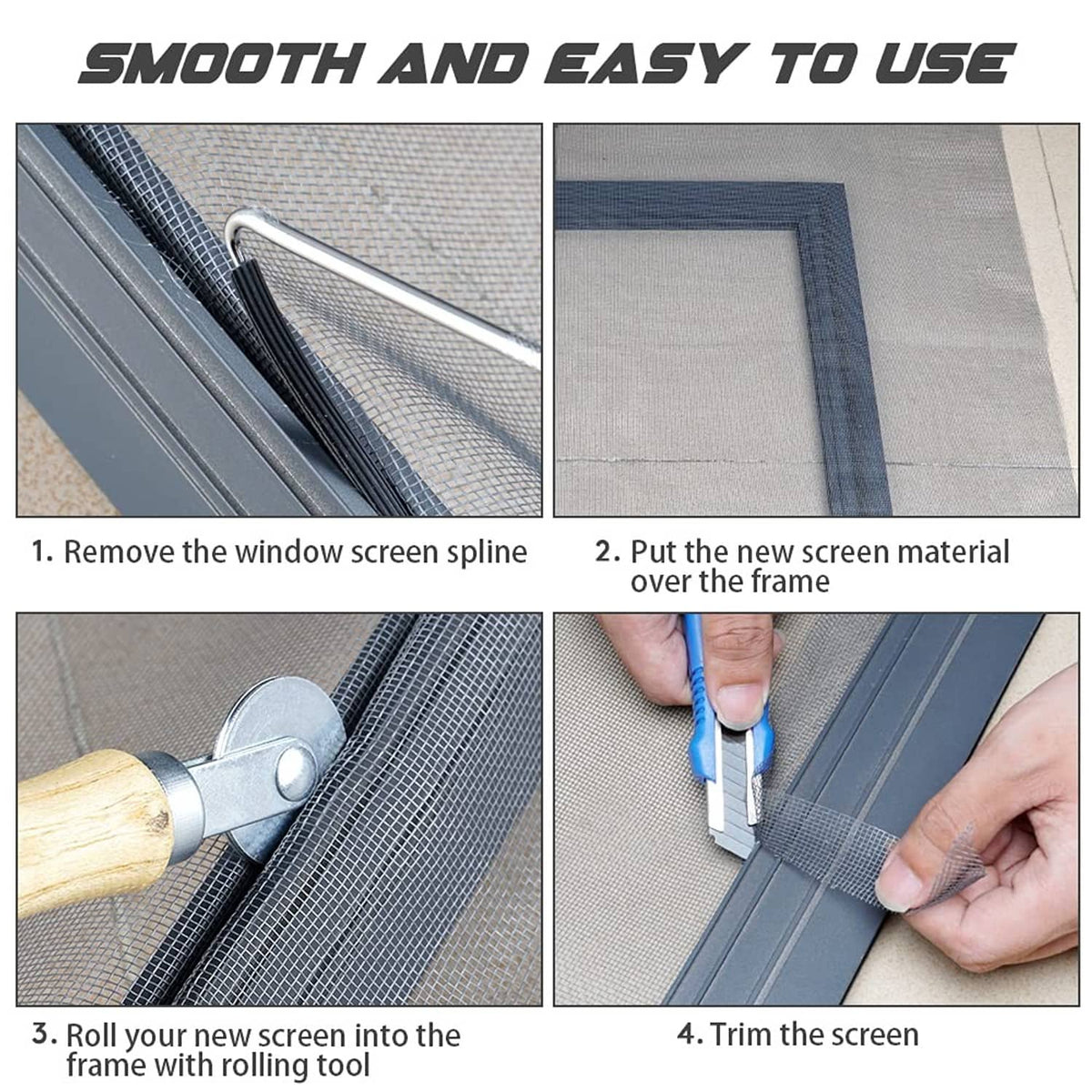Fiberglass screen mesh installation kit with roller tools and trimming setup