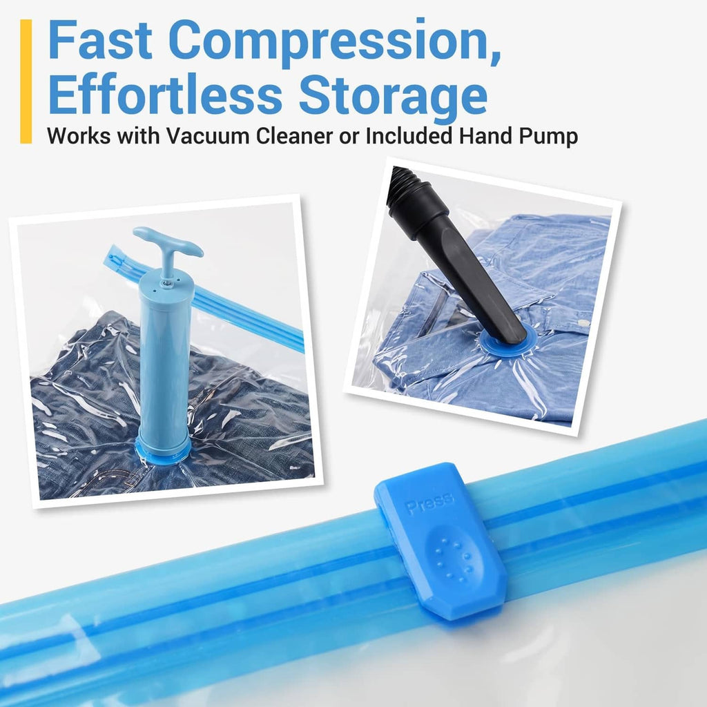 Vacuum storage bags with hand pump and blue slider for fast compression and storage