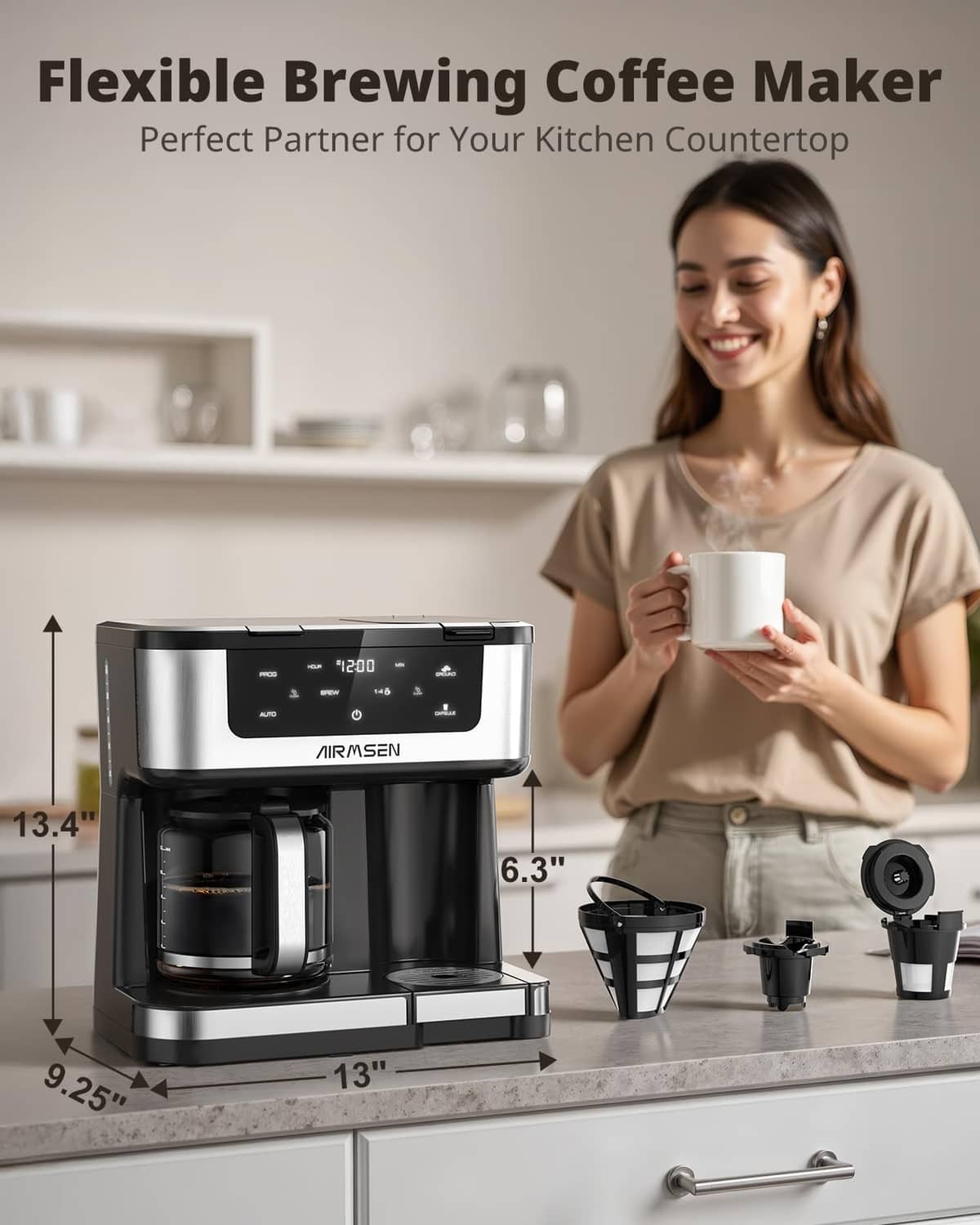 AIRMSEN dual coffee maker with front carafe, brew basket, and filter accessories