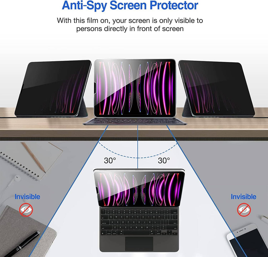 Anti-spy privacy screen protector with dark glass and purple streak pattern