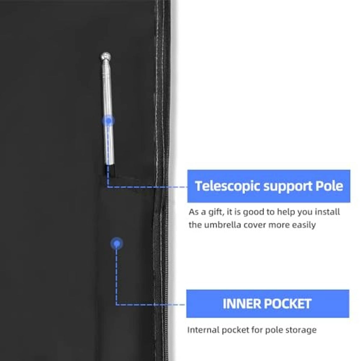 Black umbrella cover close-up with inner pocket and telescopic support pole sleeve