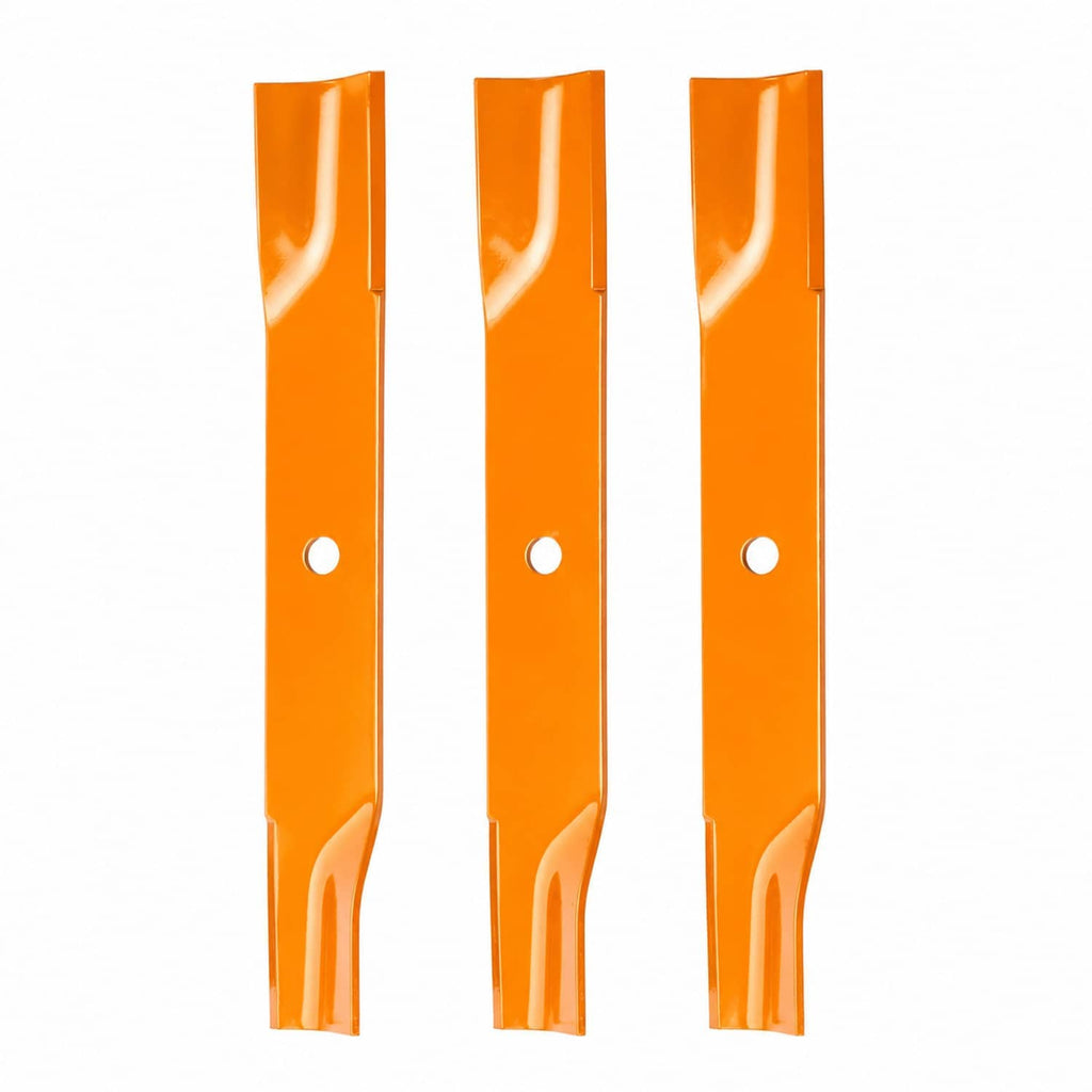 Three orange mower deck blades with mounting holes
