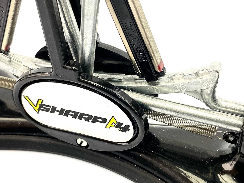 Close-up of sharpening guide with V-shaped slot and adjustable metal angle hardware