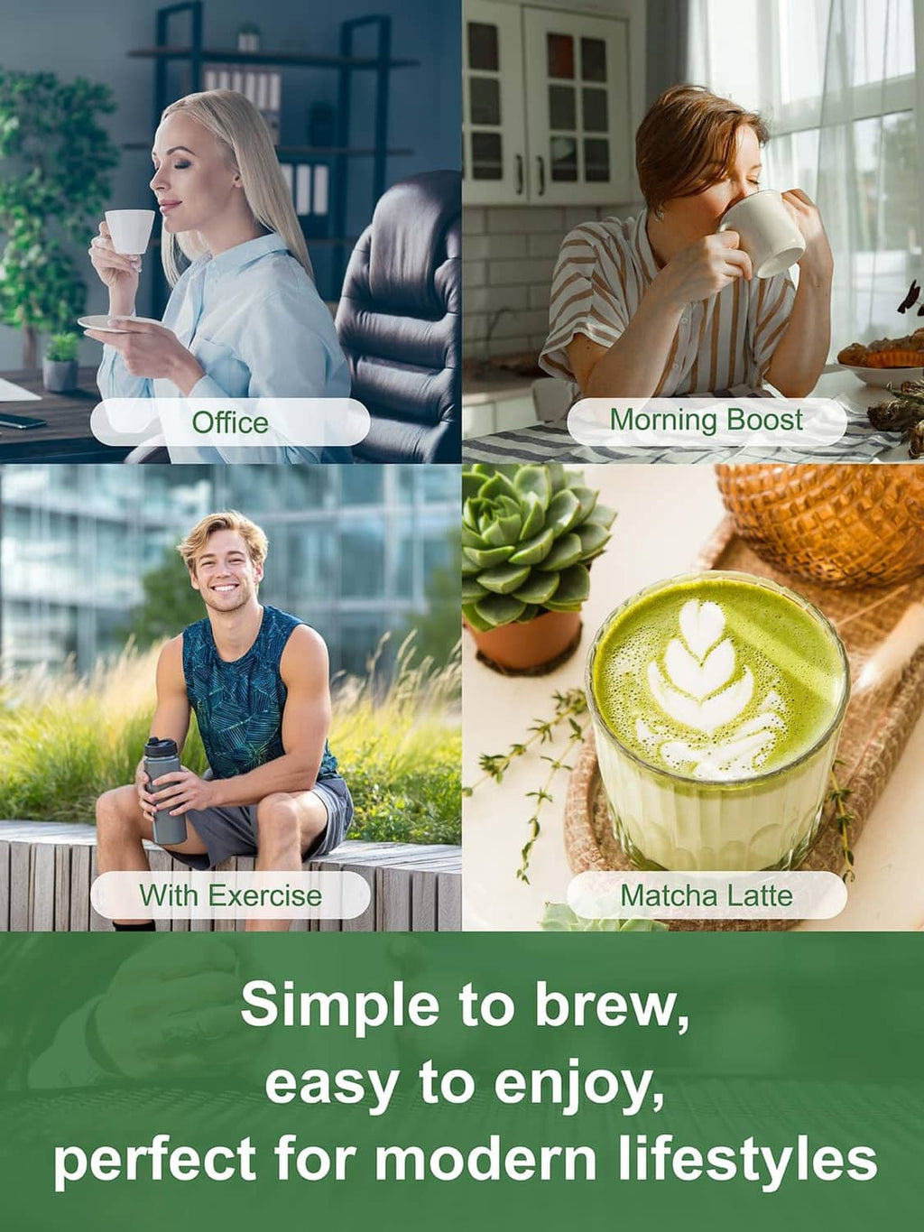 Matcha green latte drink in glass with foam leaf design