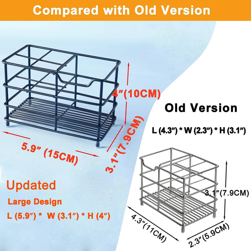 Toothbrush holder rack with open top, two-tier base, and front hook for accessories