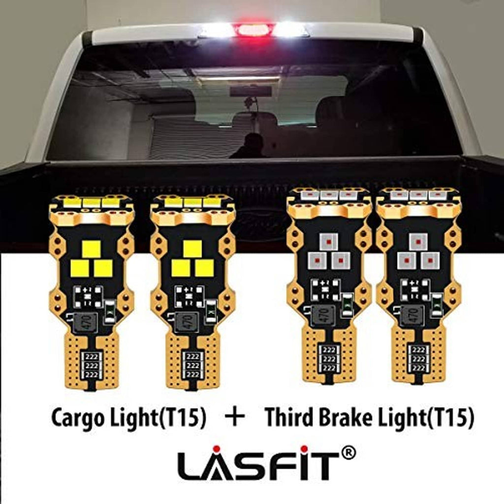 LED 921 bulbs installed in cargo and third brake light housings, bright illumination