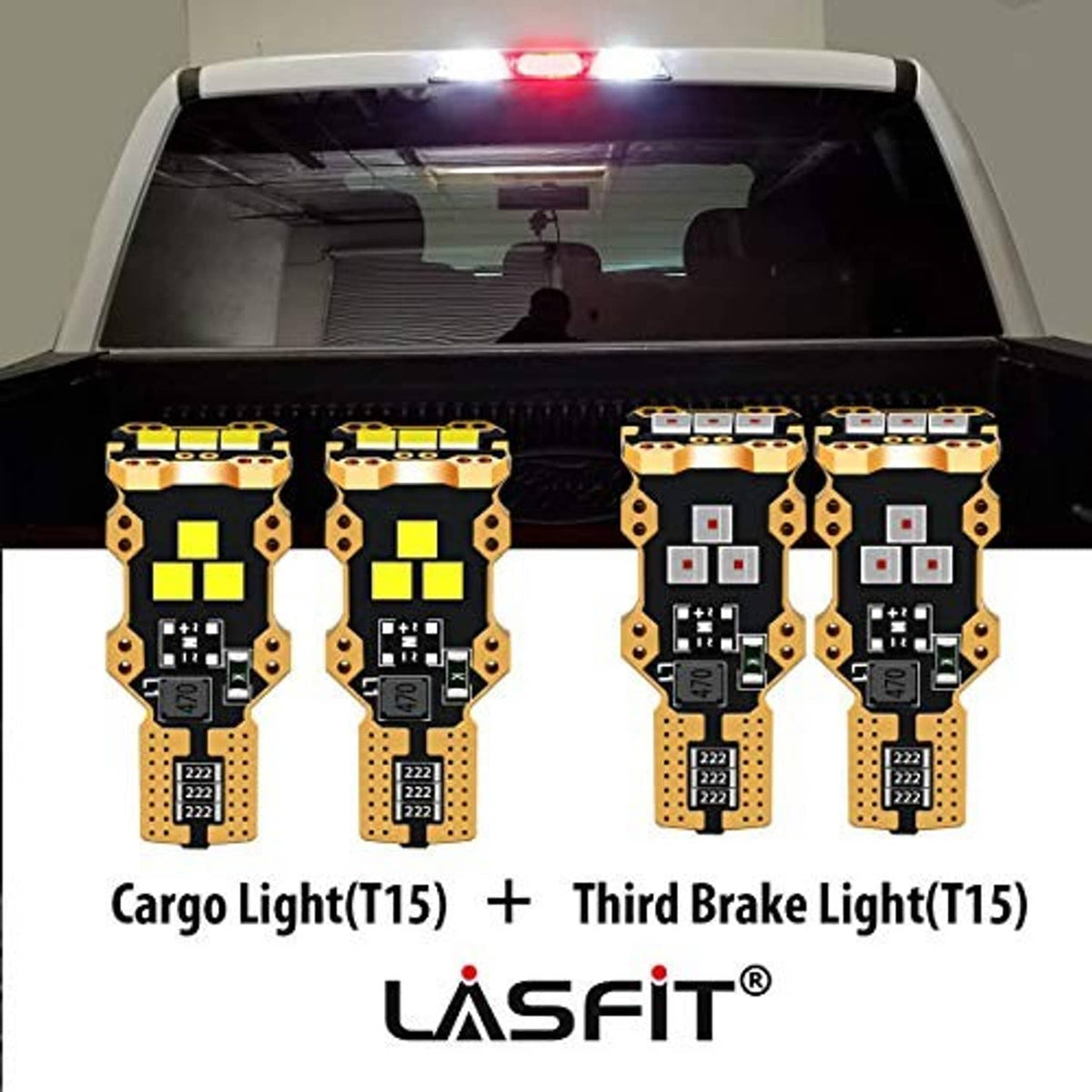 LED 921 bulbs installed in cargo and third brake light housings, bright illumination
