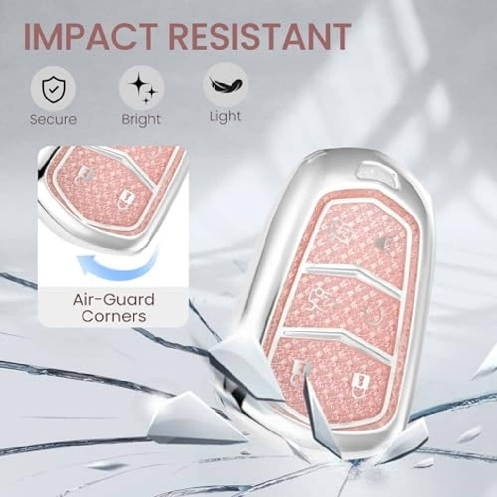 Pink glitter key fob cover with silver edges and corner protection