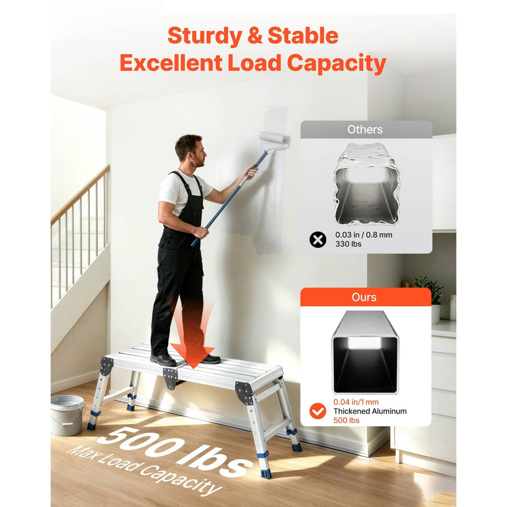 Folding work platform with adjustable legs and blue anti-slip base pads on stairs