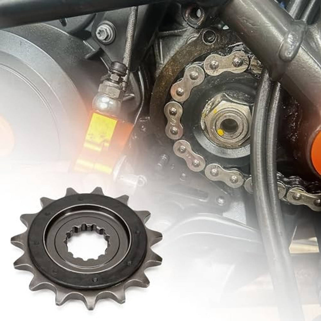 15-tooth motorcycle front sprocket mounted by chain, dark steel