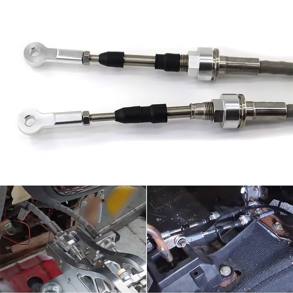 Adjustable shifter cable linkage with two silver rods and black rubber dampers