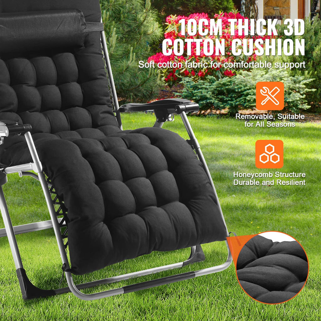 Black thick padded cushion for zero-gravity recliner chair with arm-mounted side tray.