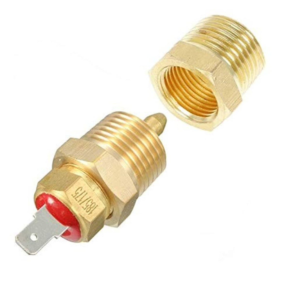 Brass temperature sensor with red insulation ring and electrical terminals