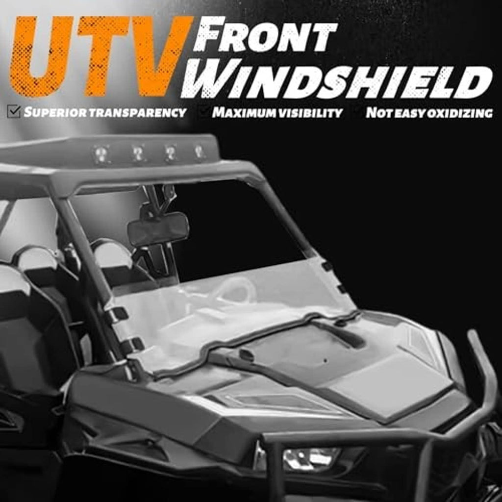 Half windshield with clear panel on UTV cab, close-up of mounted transparent screen