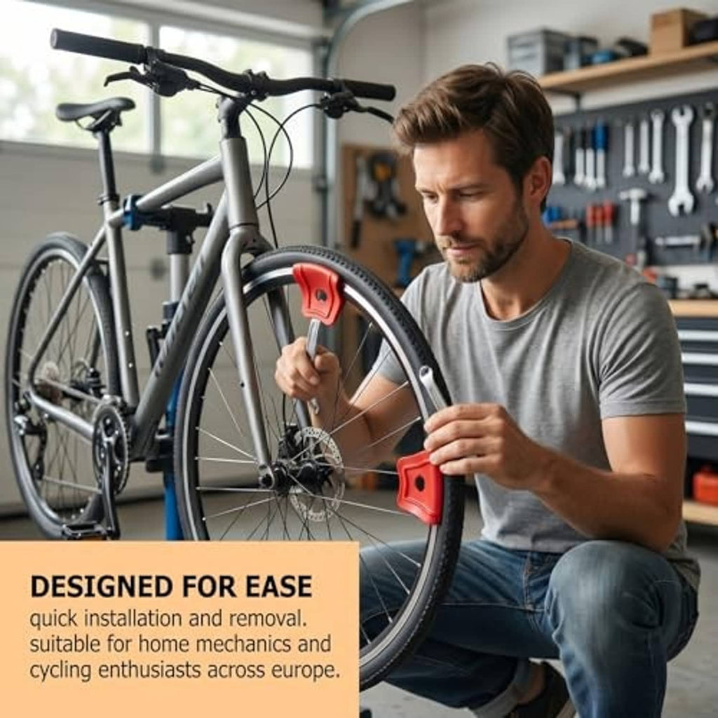 Red rim protector tool in use on a bicycle wheel during tire change in workshop