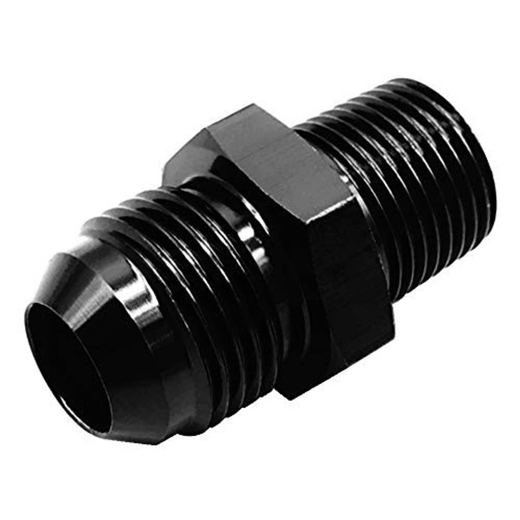 AN to NPT adapter fitting with black body and visible flare and NPT threads