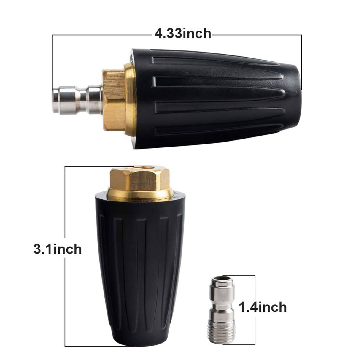 Black turbo nozzle with brass-and-silver fitting, shown with size measurements