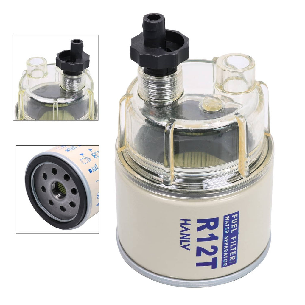 R12T spin-on fuel filter water separator with clear bowl and outlet drain fitting