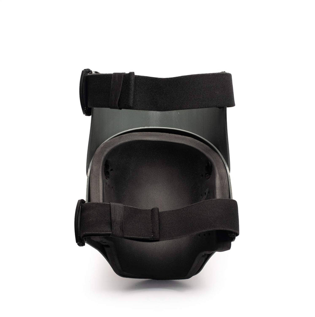 Back view knee foam padding pad with black straps and dark gray shell