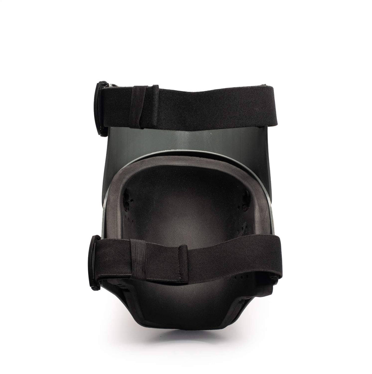 Back view knee foam padding pad with black straps and dark gray shell