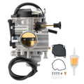 Carburetor with black hoses, silver housing, and gold throttle bore