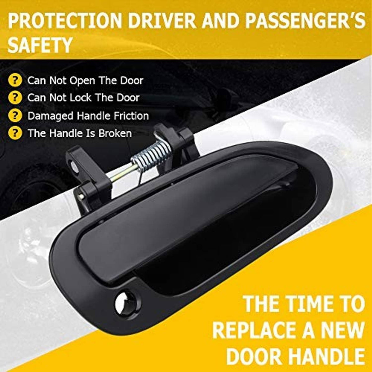 Black exterior door handle with round key hole and spring-loaded mounting hardware