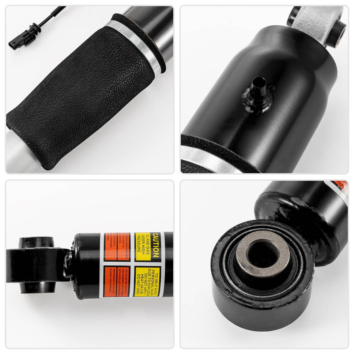 Shock strut assembly with textured cover, black metal end mount and warning label