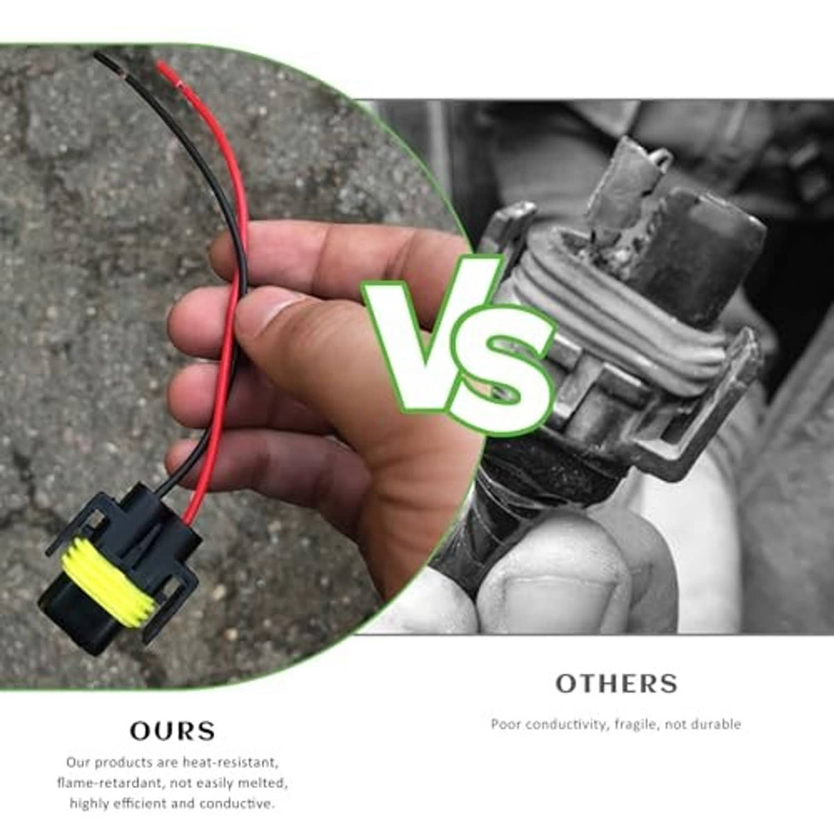 Headlight wiring harness female adapter plug with red and black wires in a hand