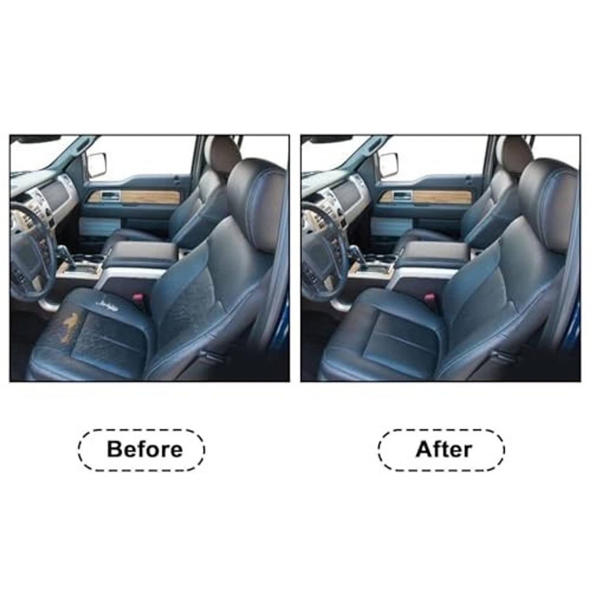 Seat cover comparison: black leather replacement shown on driver seat bottom