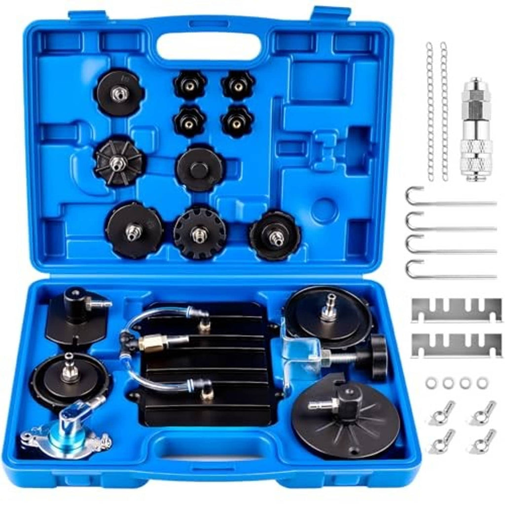 Brake bleeder kit in blue case with multiple adapters, hoses, and metal fittings