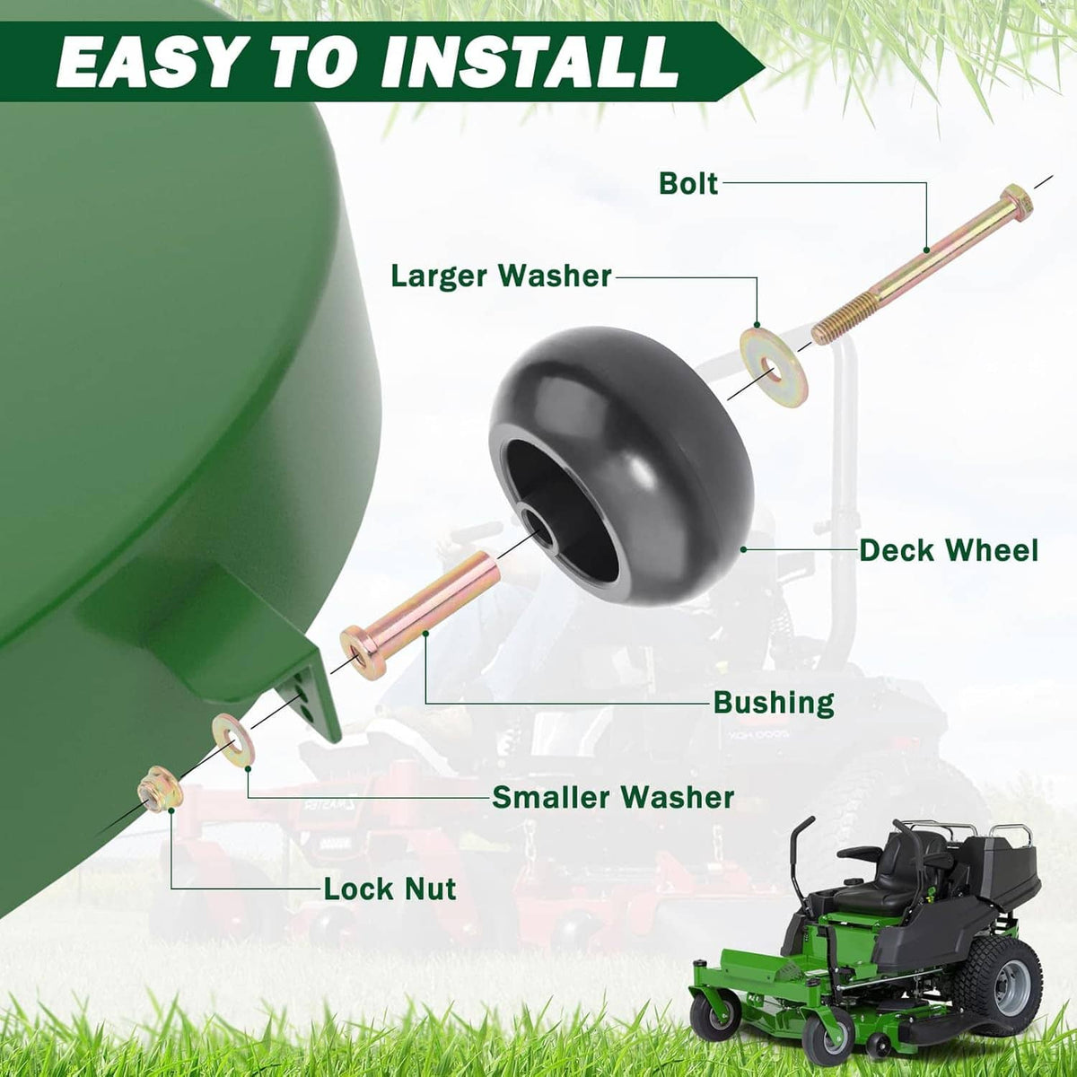 Deck wheel installation parts: black wheel with bushing, washer, and lock nut