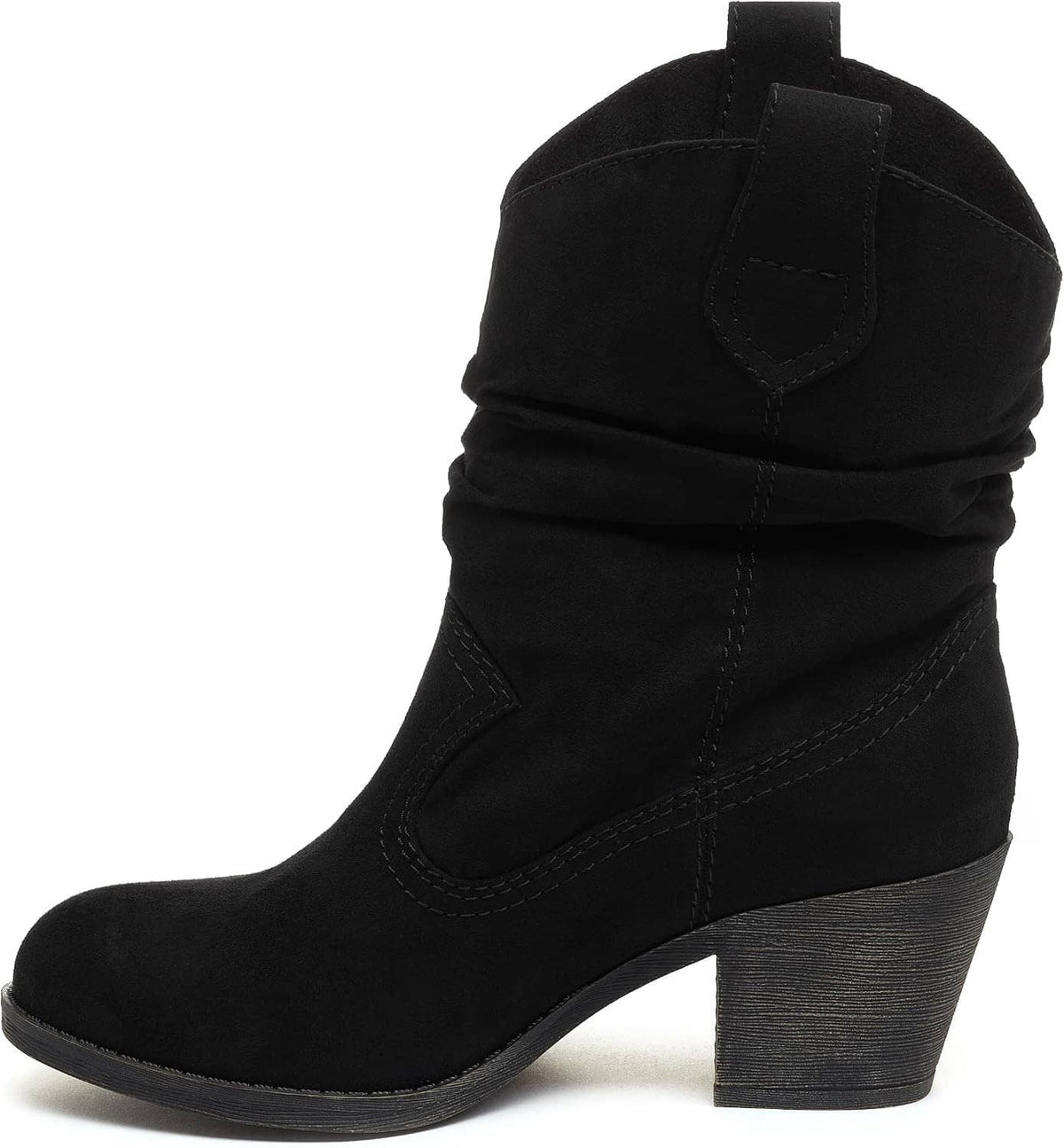 Black suede ankle boots with pull-on tabs and stacked block heel